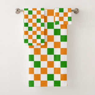 Orange White Green Checkered Pattern Design  Bath Towel Set