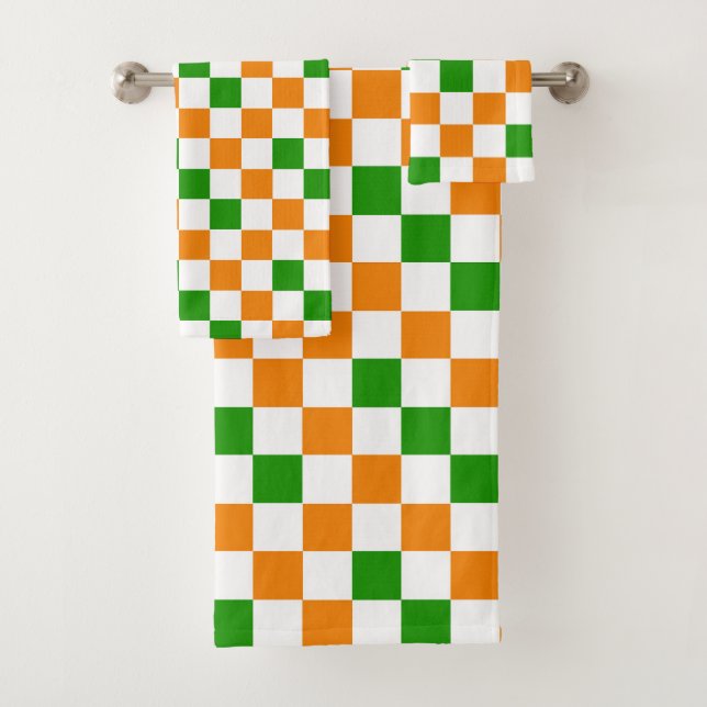 Orange White Green Checkered Pattern Design  Bath Towel Set (Insitu)