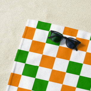Orange White Green Checkered Pattern Design Beach Towel