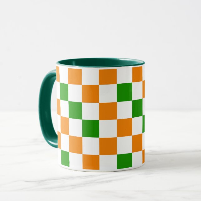 Orange White Green Checkered Pattern Design  Mug (Front Left)