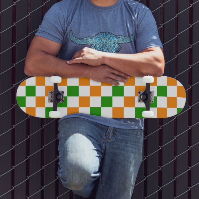 Orange White Green Checkered Pattern Design  Skateboard (Outdoor 3)