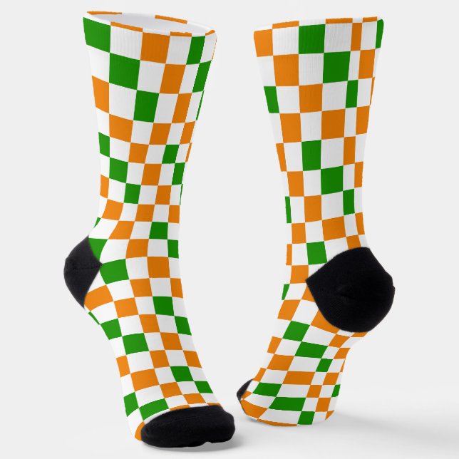 Orange White Green Checkered Pattern Design  Socks (Angled)