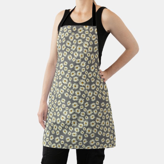 Orange white grey daisy flower pattern apron (Insitu)