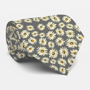 Orange white grey daisy flower pattern neck tie