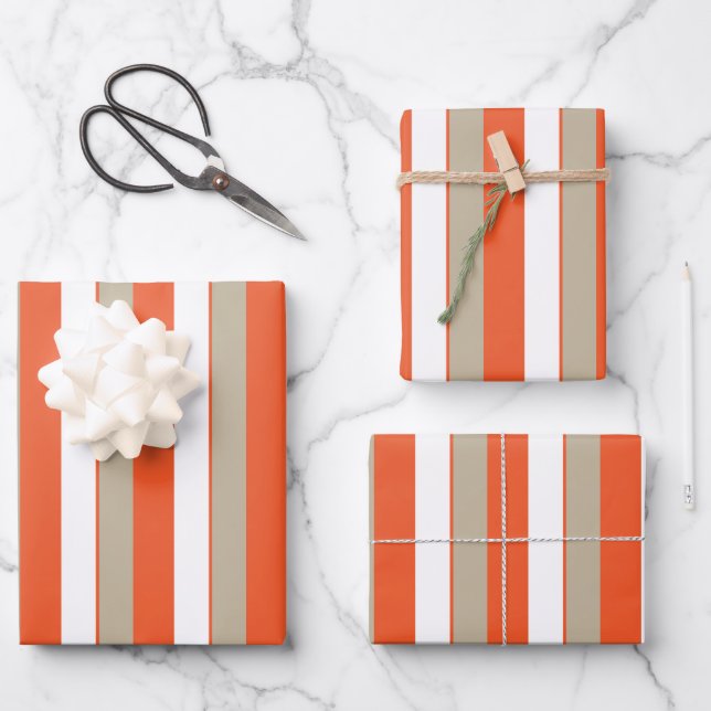 Orange White Grey Stripes    Wrapping Paper Sheets (Front)