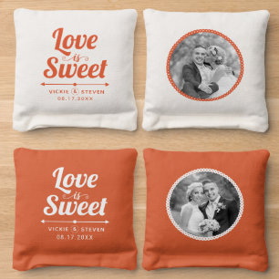 Orange, white happily Love is sweet wedding photo Cornhole Bags