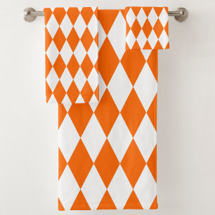 Orange White Harlequin Diamonds Checkers Design  Bath Towel Set