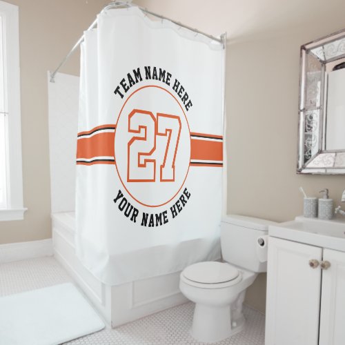 Orange white jersey number team player name sports shower curtain