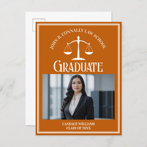 Orange White Law School Photo Graduation Announcement Postcard