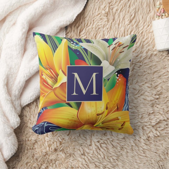 Orange White Lilies Floral Navy Blue Monogram Throw Pillow (Blanket)
