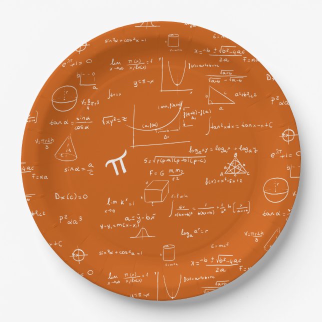 Orange White Math Equations Graphics Graduation Paper Plates (Front)