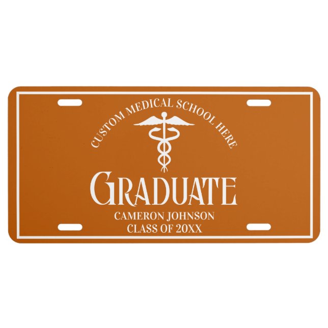 Orange White Medical School Graduate Custom License Plate (Front)