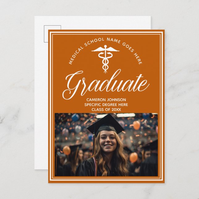 Orange White Medical School Photo Graduation Announcement Postcard (Front/Back)