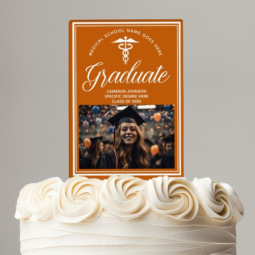 Orange White Medical School Photo Graduation Party Cake Topper