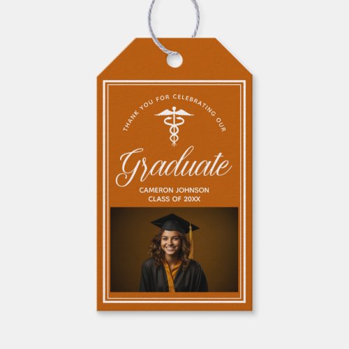 Orange White Medical School Photo Graduation Party Gift Tags