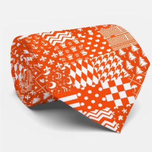 Orange White Mixed Patterns Patchwork Design  Neck Tie