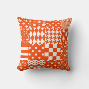 Orange White Mixed Patterns Patchwork Design Throw Pillow
