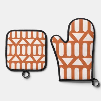 Orange White Modern Geometric Oven Mitt & Pot Holder Set