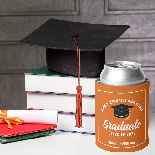 Orange White Modern Graduate Cap Custom Graduation Can Cooler