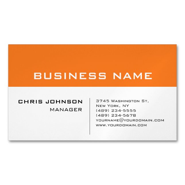 Orange White Modern Minimalist Business Card Magnet (Front)