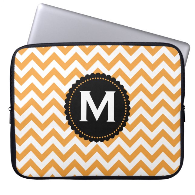 Orange White Monogram Chevron Pattern Laptop Sleeve (Front)