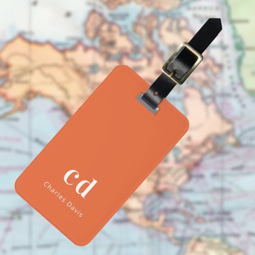 Orange white monogram initials luggage tag