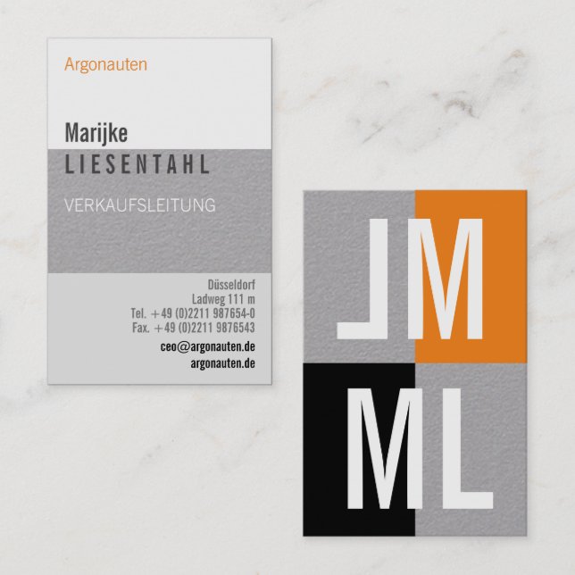 Orange White Monogram Portrait Business Card (Front/Back)