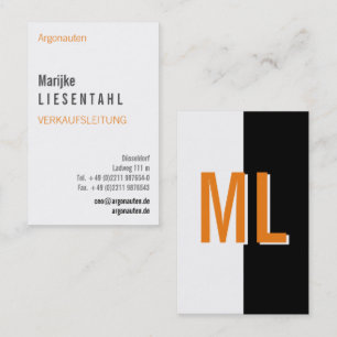 Orange white monogram portrait format business car business card