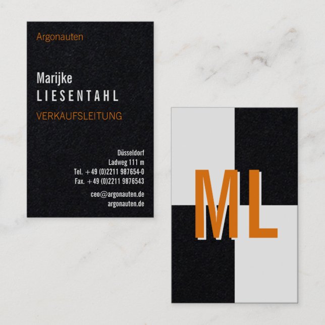 Orange white monogram portrait format business car business card (Front/Back)