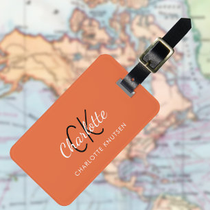 Orange white monogrammed luggage tag
