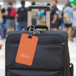 Orange white name script luggage tag<br><div class="desc">A trendy orange background. Personalize and add your name on the front. Your contact information on the back.</div>