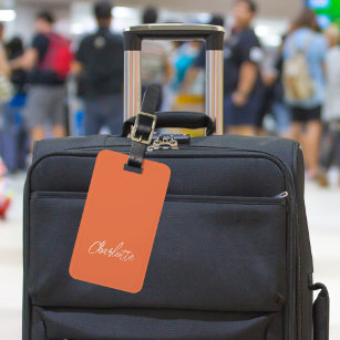 Orange white name script luggage tag