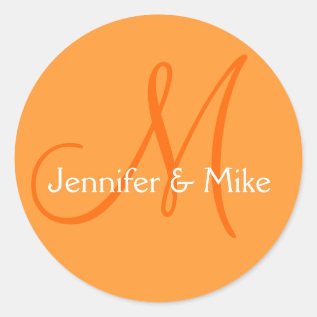 Orange White Names Monogram Wedding Favor Stickers (Front)