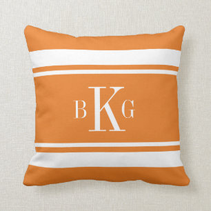 Orange White Nautical Stripes Custom Monogram Throw Pillow