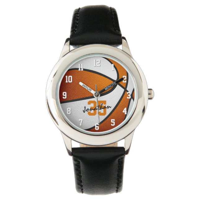 orange white personalized basketball watch (Front)