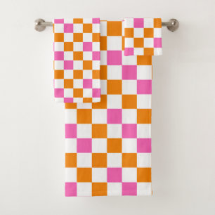 Orange White Pink Checkered Pattern Design Bath Towel Set