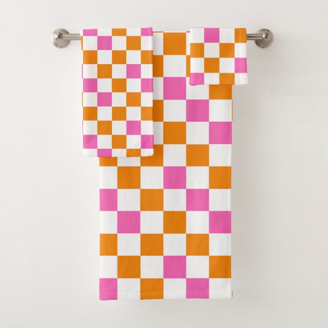 Orange White Pink Checkered Pattern Design  Bath Towel Set (Insitu)