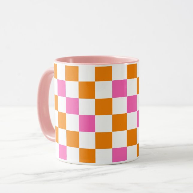 Orange White Pink Checkered Pattern Design  Mug (Front Left)