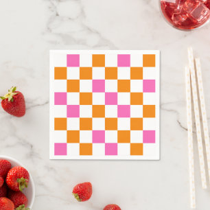 Orange White Pink Checkered Pattern Design Napkins