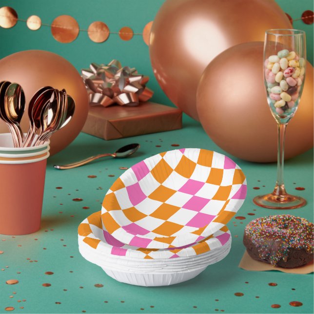 Orange White Pink Checkered Pattern Design  Paper Bowls (Multi)