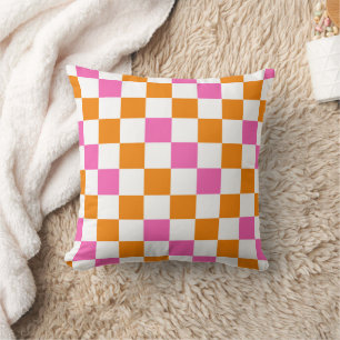 Orange White Pink Checkered Pattern Design Throw Pillow