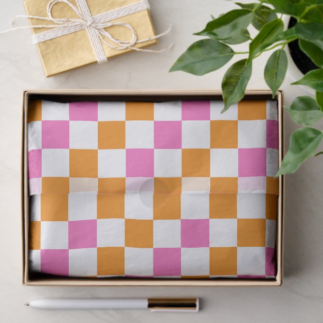 Orange White Pink Checkered Pattern Design  Tissue Paper (Gift)