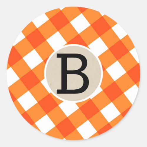 Orange White Plaid Checker Halloween Party Favor Classic Round Sticker