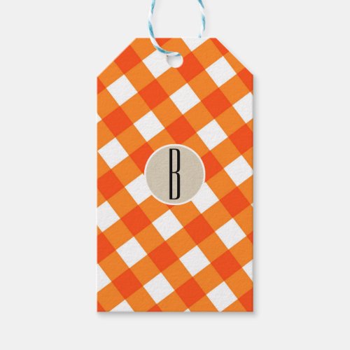 Orange White Plaid Kraft Rustic Monogram Initial Gift Tags