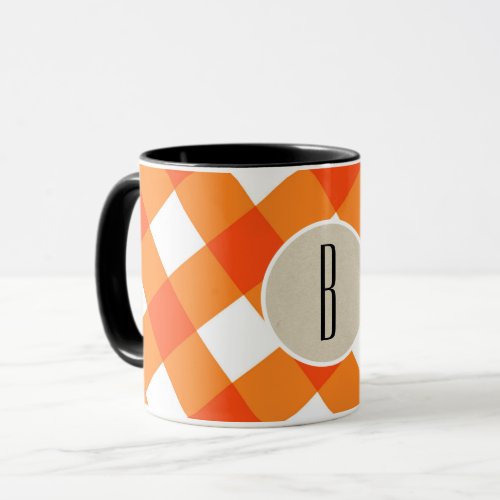 Orange White Plaid Kraft Rustic Monogram Initial Mug