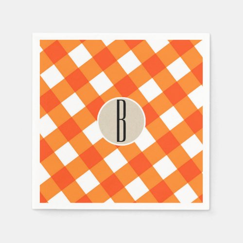 Orange White Plaid Kraft Rustic Monogram Initial Napkins