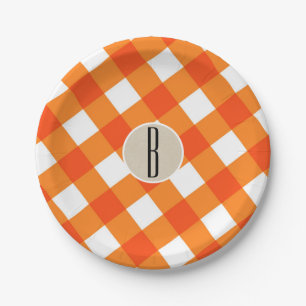 Orange White Plaid Kraft Rustic Monogram Initial Paper Plates