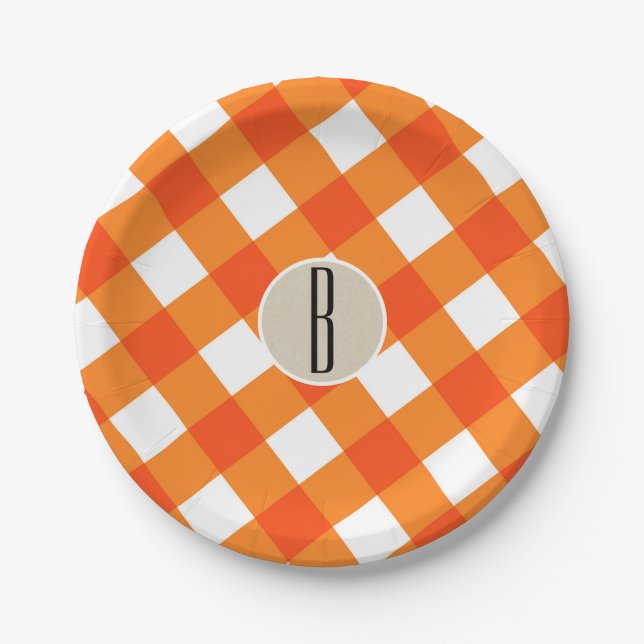 Orange White Plaid Kraft Rustic Monogram Initial Paper Plates (Front)