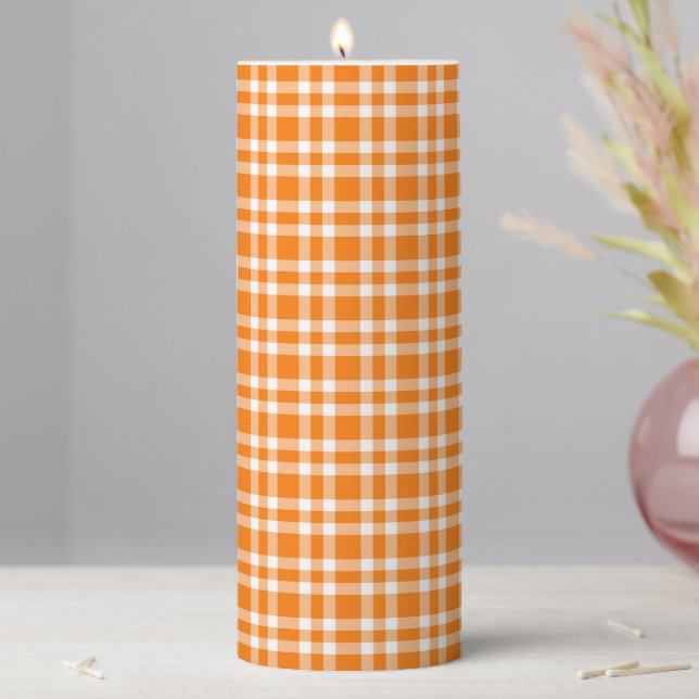 Orange White Plaid Pattern Pillar Candle (In Situ)