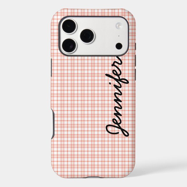 Orange & White Plaid Personalized Name Minimalist Case-Mate iPhone Case (Back)
